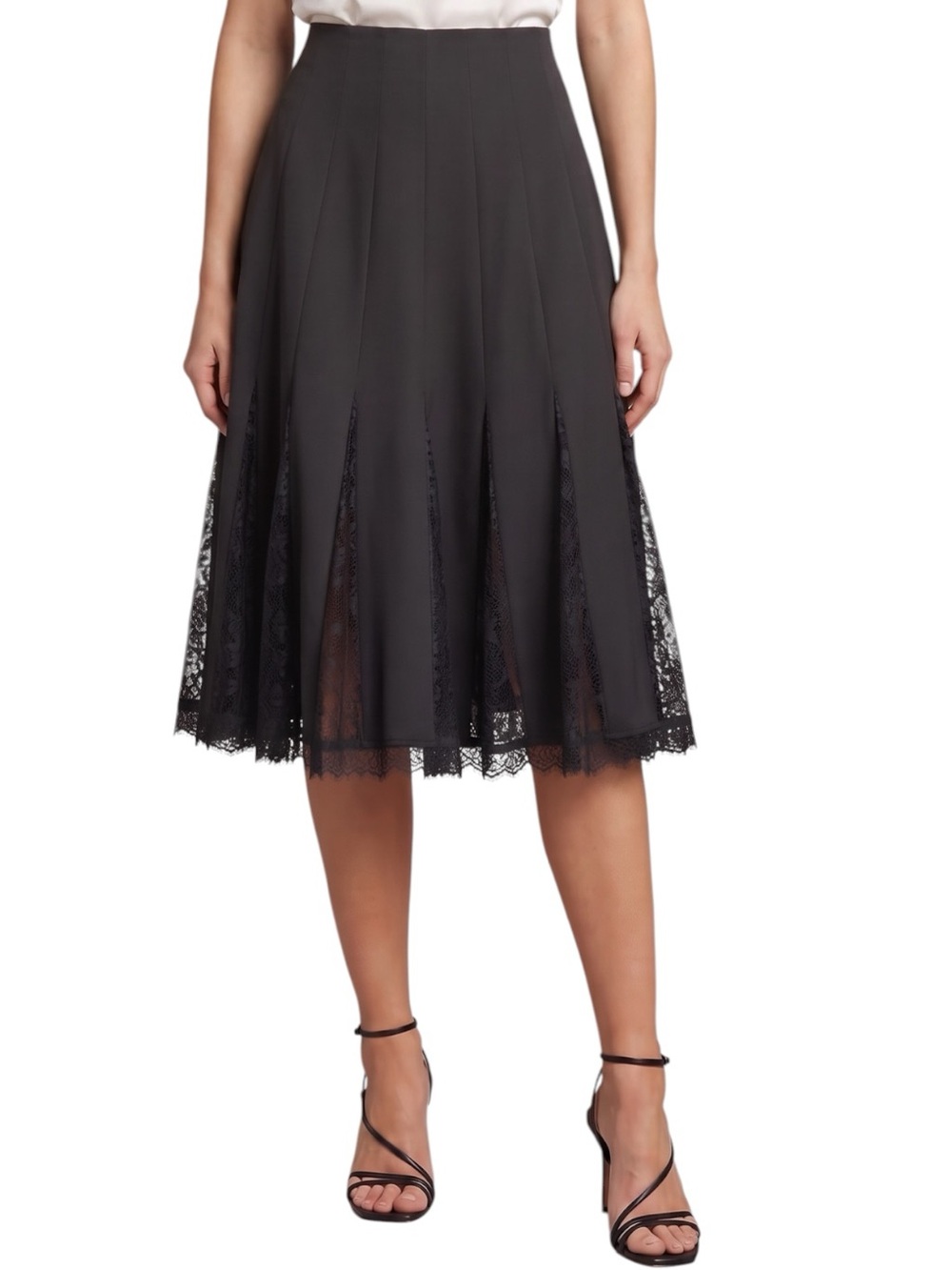 Carmen Marc Valvo Black Pleated Godet Lace Panel Inset Romantic Midi Skirt 10